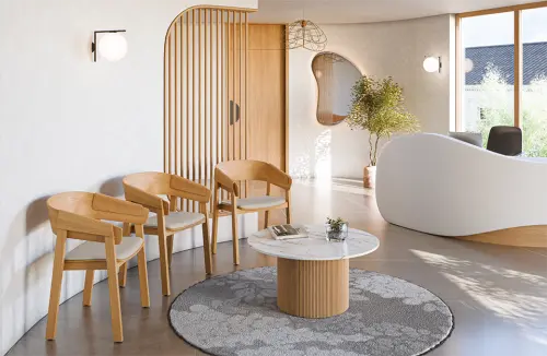 HARMONY, dřevěná konferenční a jídelní židle, čalouněný sedák, koženka šedá